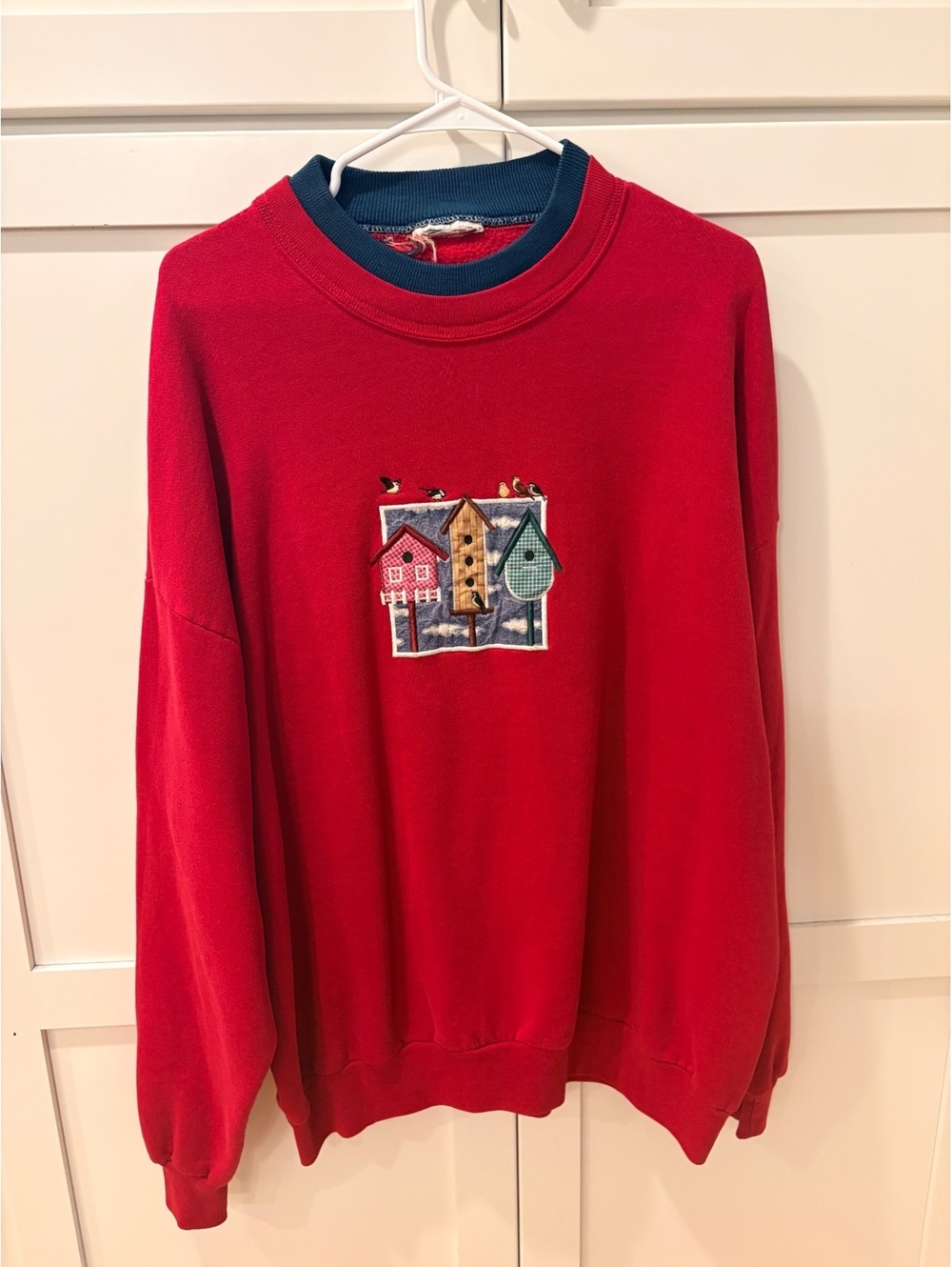 Vintage Red Pullover Sweatshirt with Birdhouse Embroidery